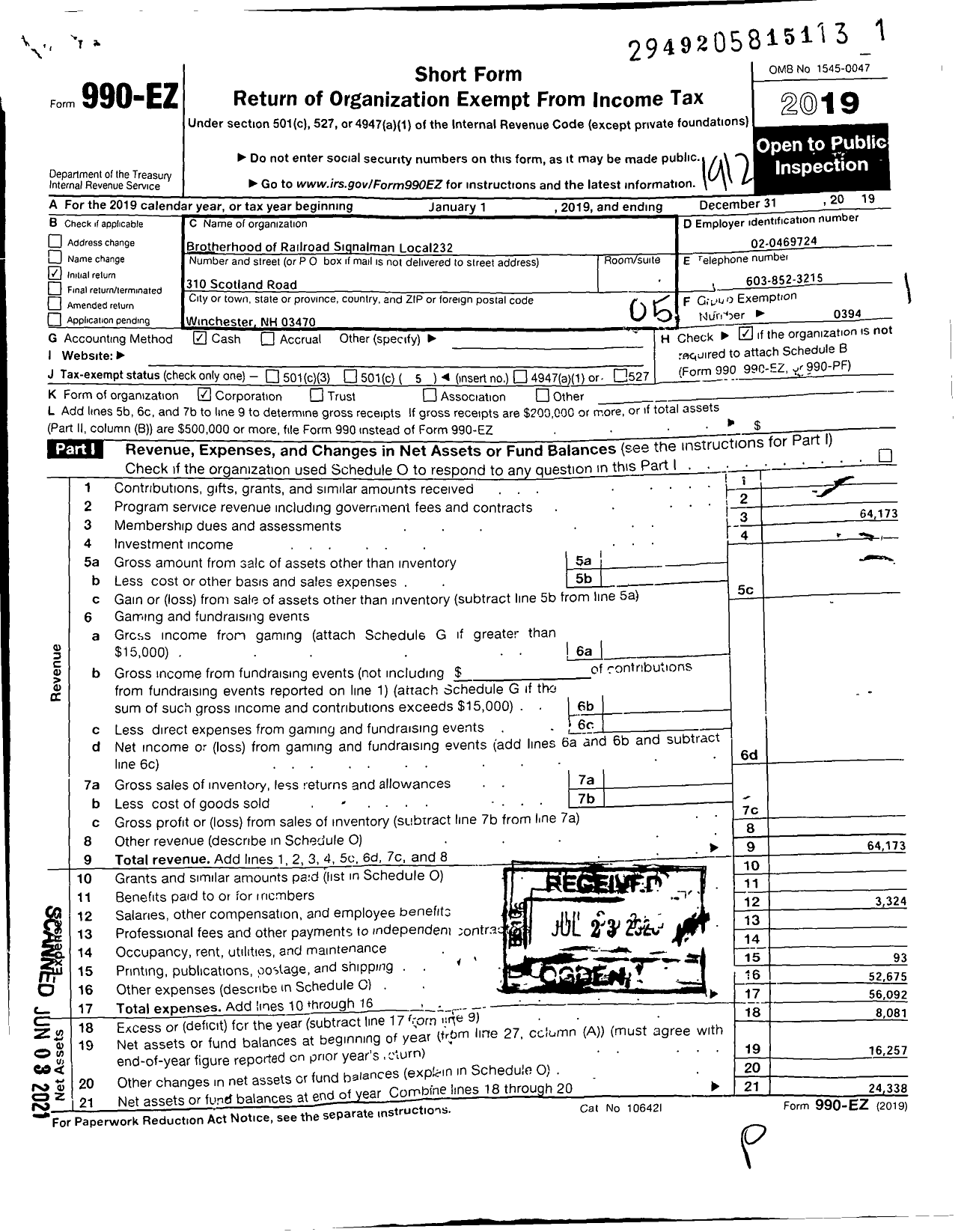 Image of first page of 2019 Form 990EO for Brotherhood of Railroad Signalmen - 232 BRS Local