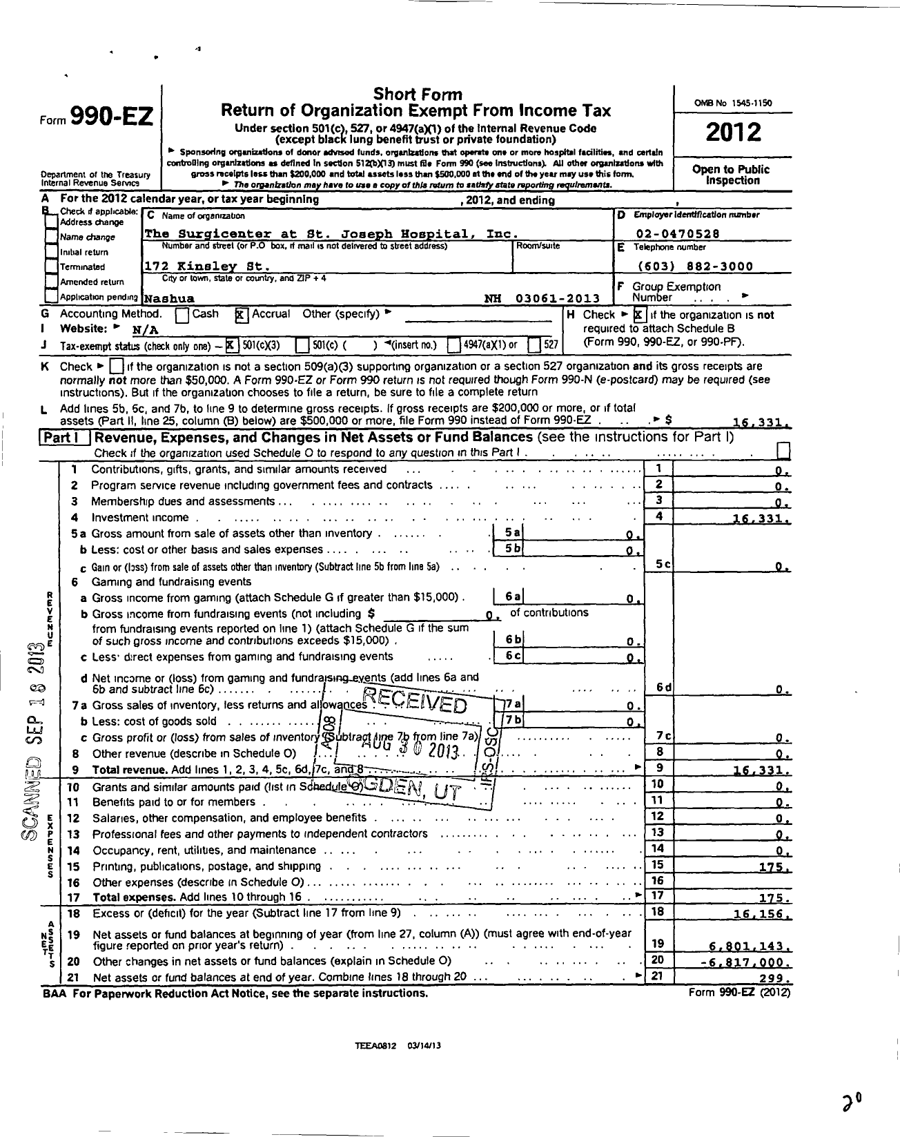 Image of first page of 2012 Form 990EZ for Surgicenter at St Joseph Hospital