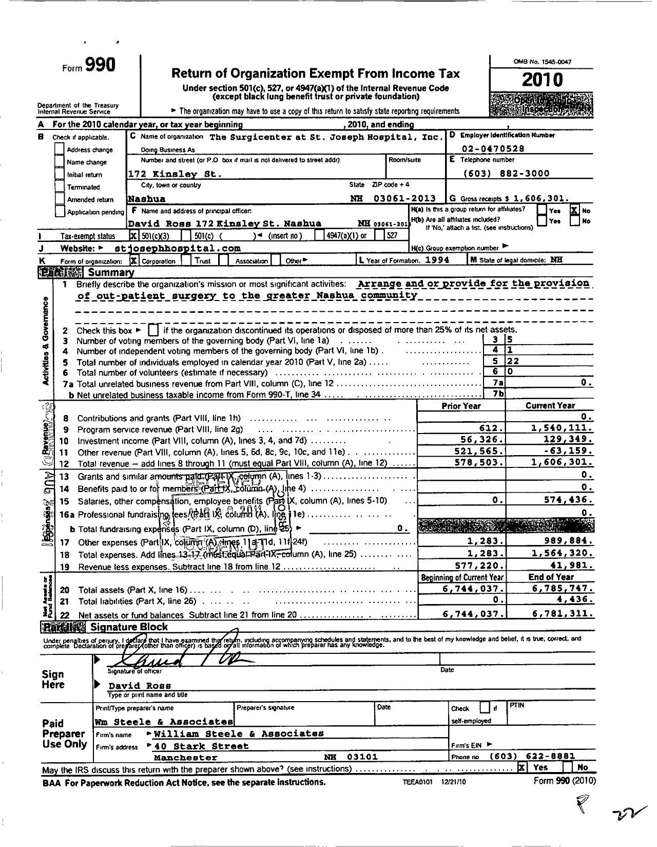 Image of first page of 2010 Form 990 for Surgicenter at St Joseph Hospital