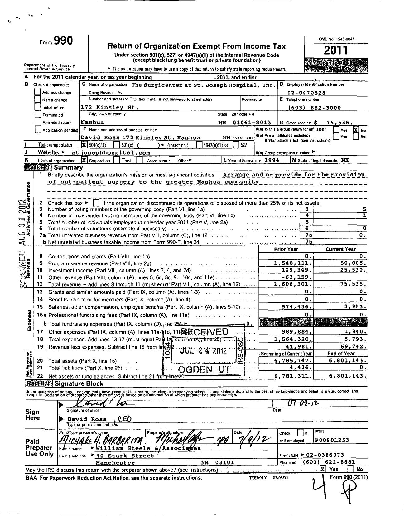 Image of first page of 2011 Form 990 for Surgicenter at St Joseph Hospital