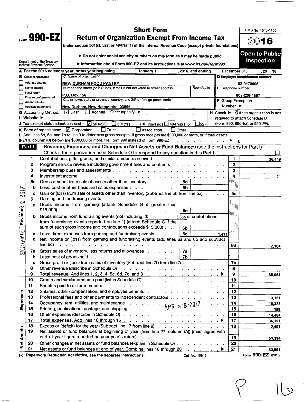 Image of first page of 2016 Form 990EZ for New Durham Food Pantry