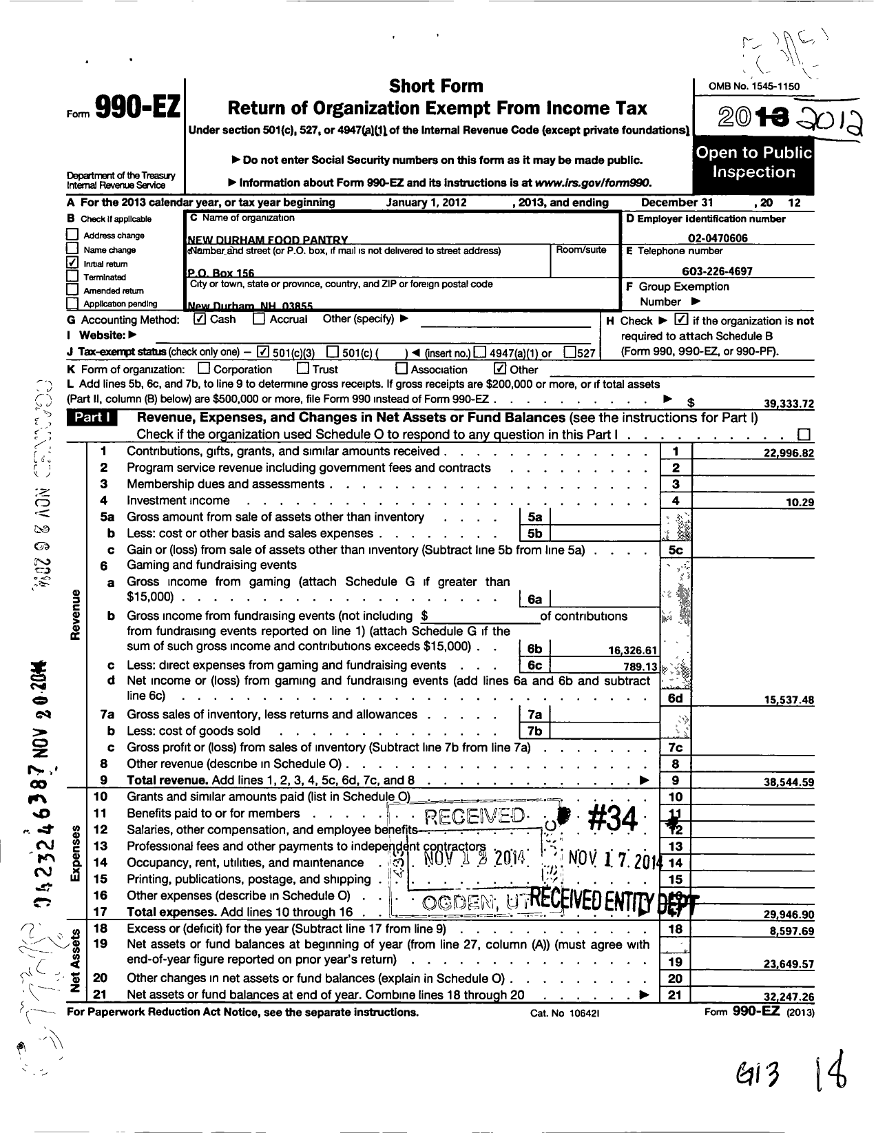 Image of first page of 2012 Form 990EZ for New Durham Food Pantry