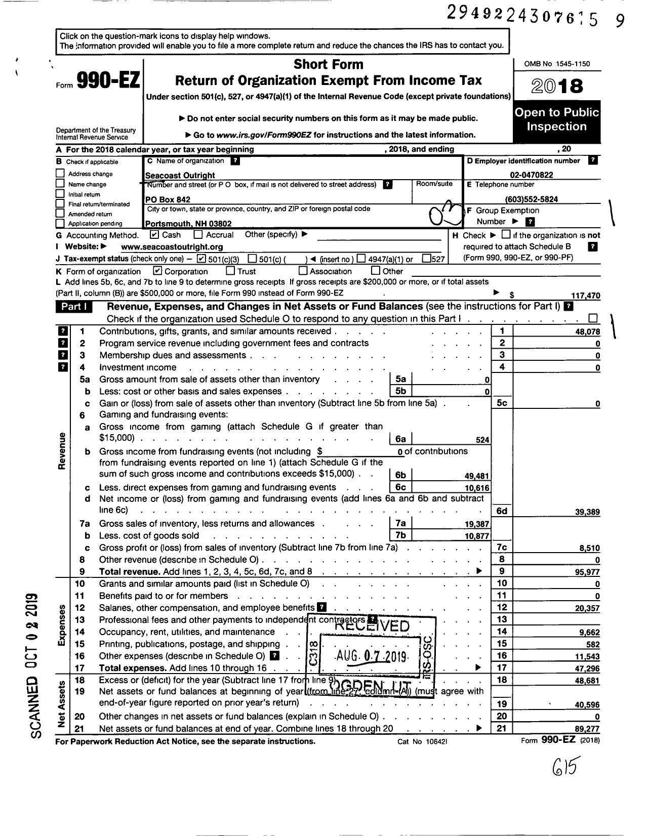 Image of first page of 2018 Form 990EZ for Seacoast Outright