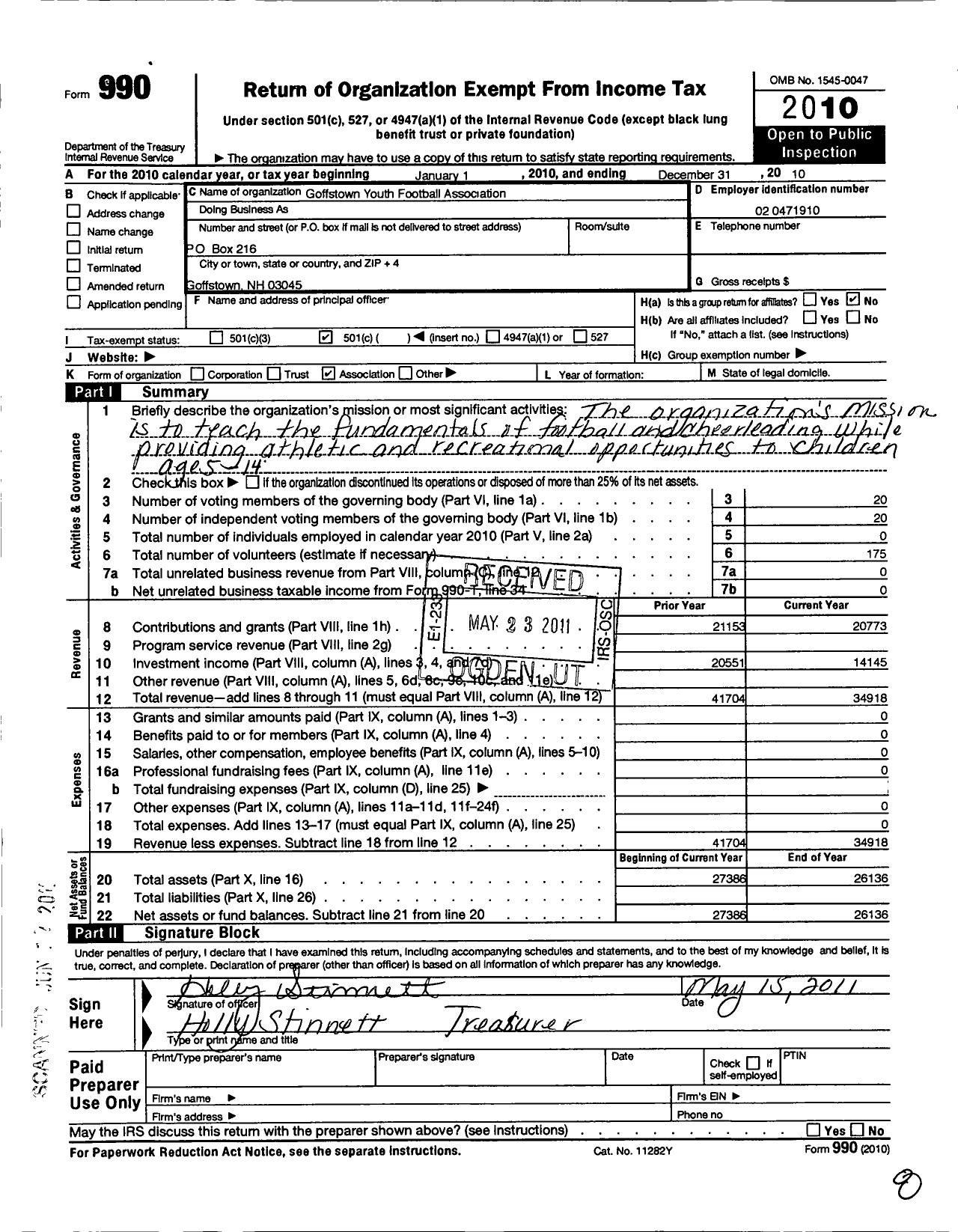 Image of first page of 2010 Form 990O for American Youth Football Association