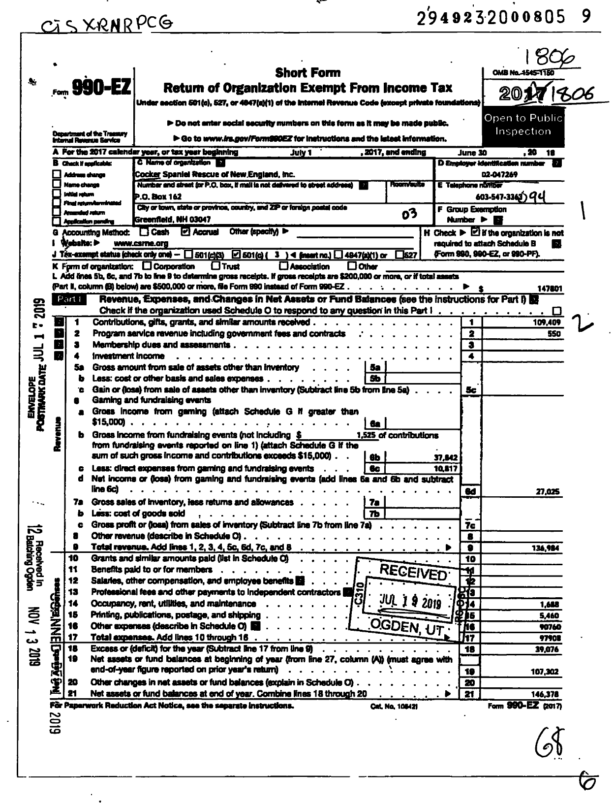 Image of first page of 2017 Form 990EZ for Cocker Spaniel Rescue of New England