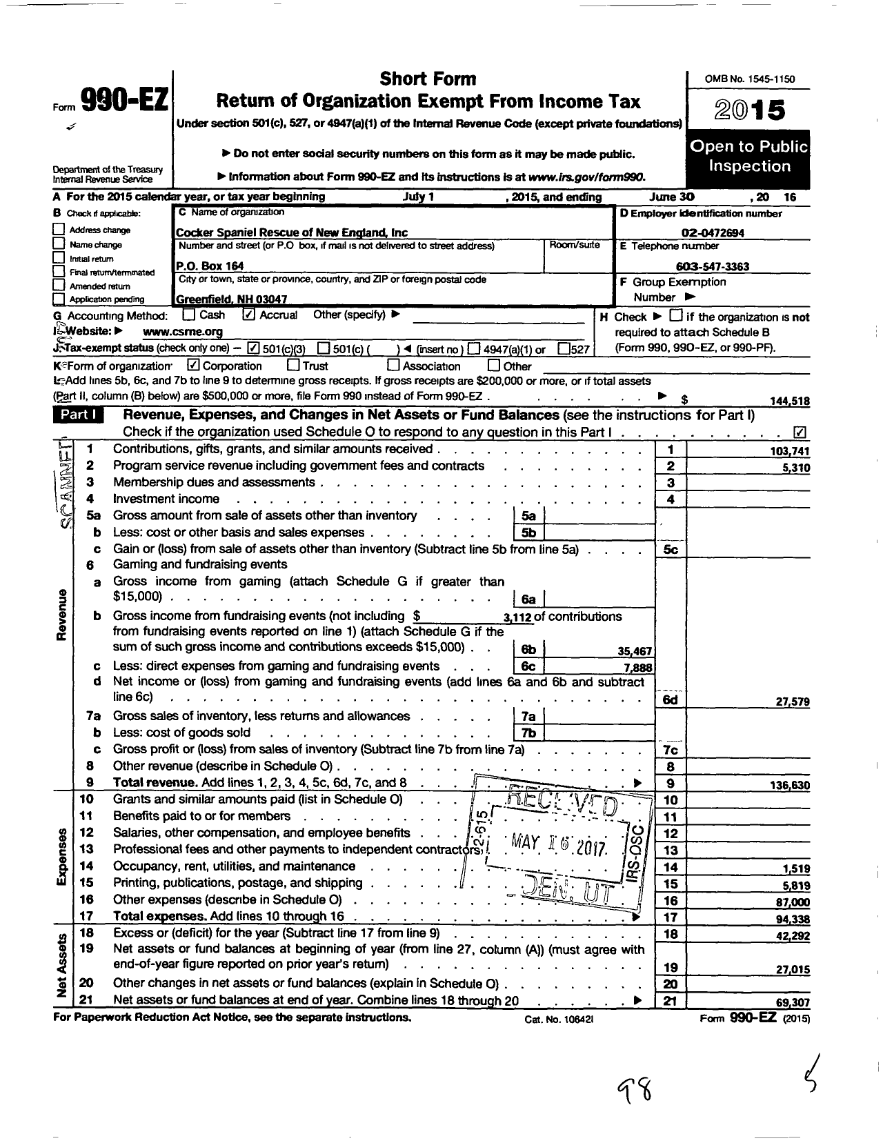 Image of first page of 2015 Form 990EZ for Cocker Spaniel Rescue of New England