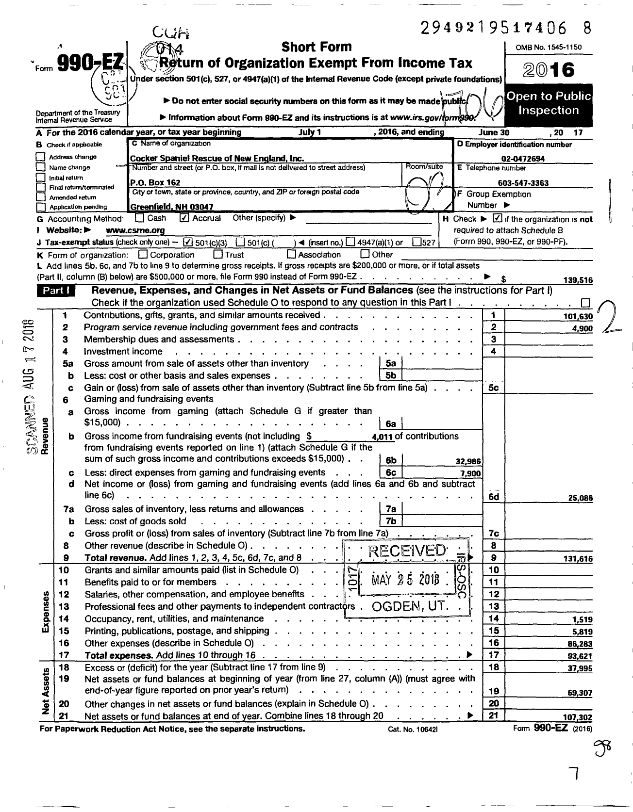 Image of first page of 2016 Form 990EZ for Cocker Spaniel Rescue of New England