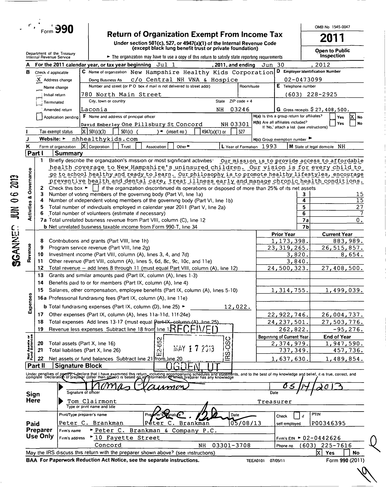 Image of first page of 2011 Form 990 for New Hampshire Healthy Families