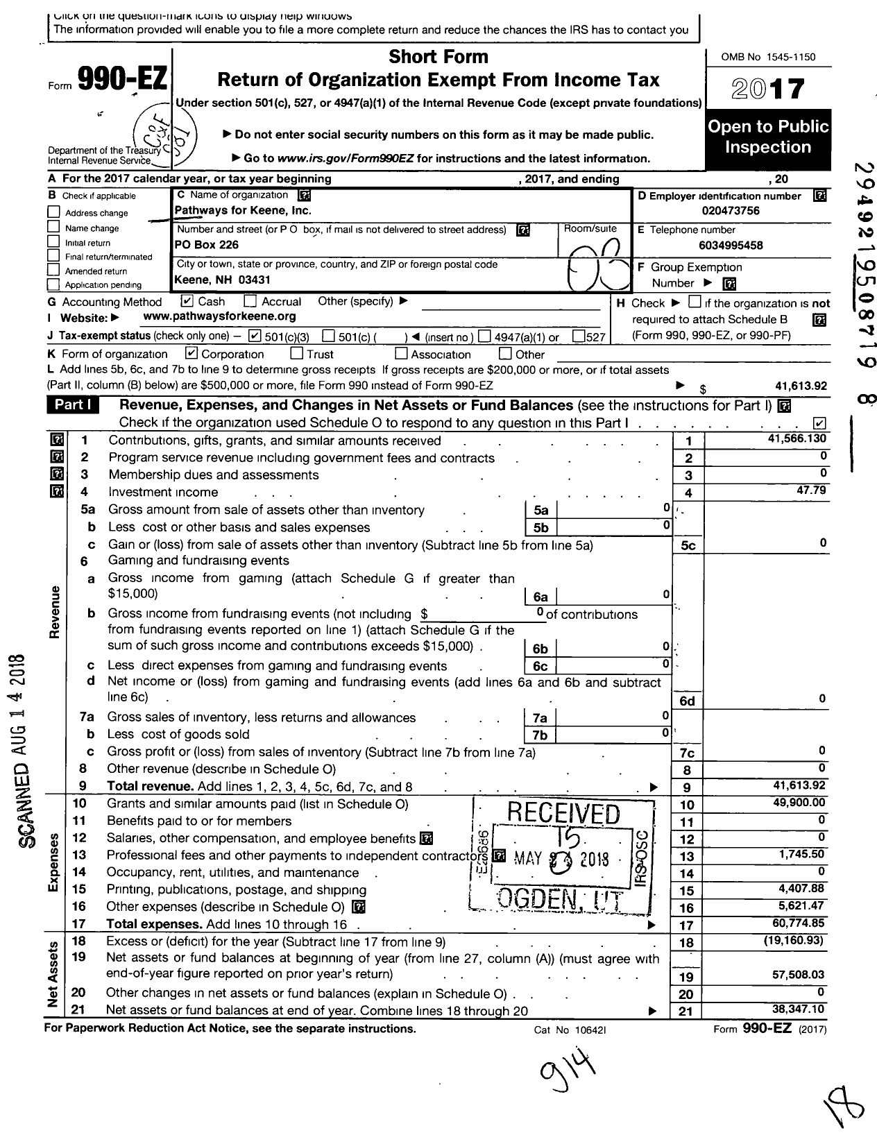 Image of first page of 2017 Form 990EZ for Pathways for Keene