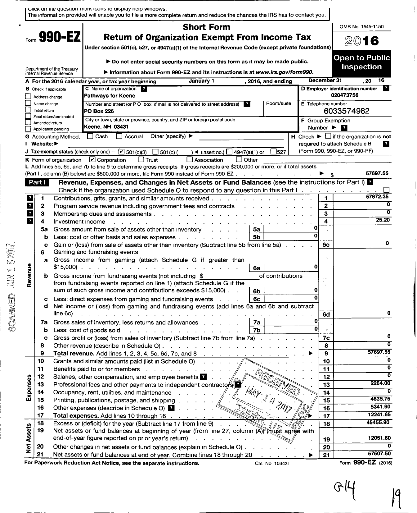 Image of first page of 2016 Form 990EZ for Pathways for Keene