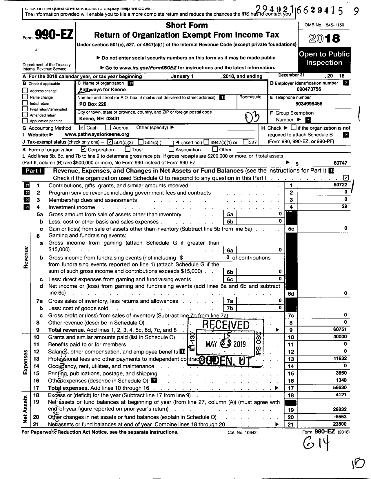 Image of first page of 2018 Form 990EZ for Pathways for Keene