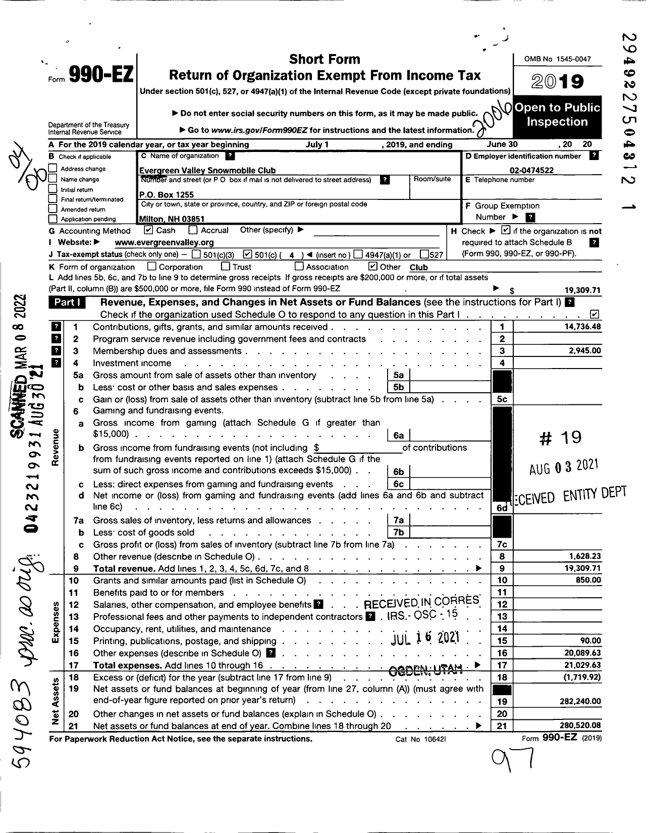 Image of first page of 2019 Form 990EO for Evergreen Valley Snowmobile Club Association