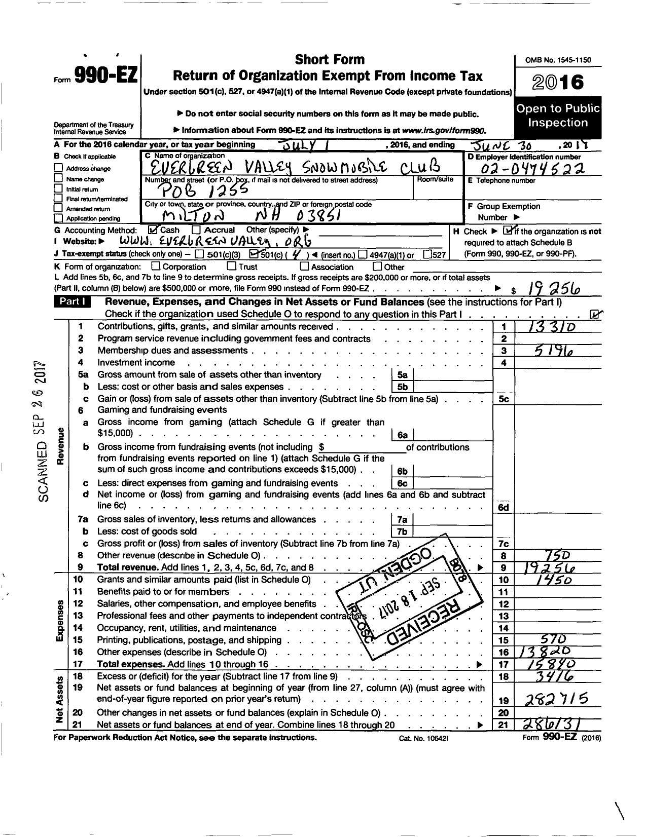 Image of first page of 2016 Form 990EO for Evergreen Valley Snowmobile Club Association