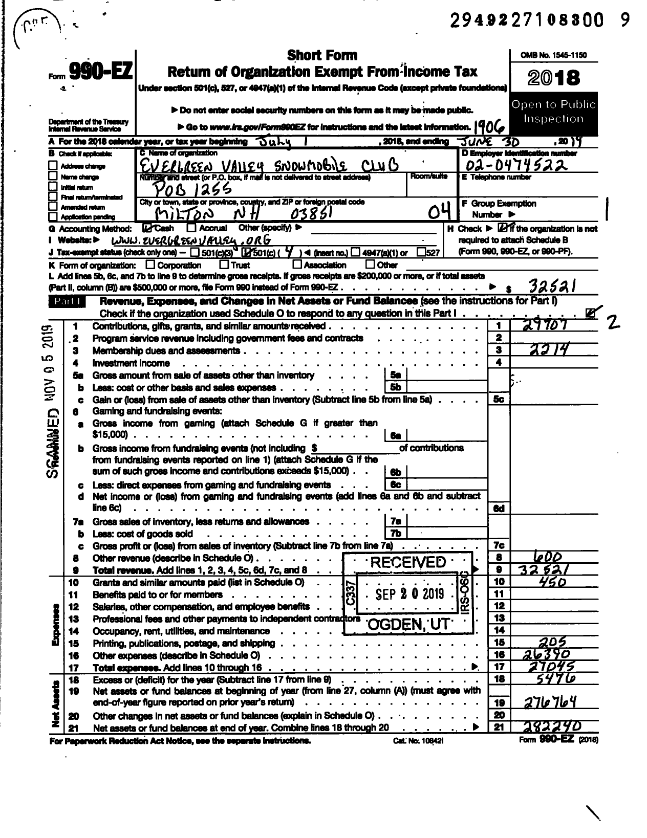 Image of first page of 2018 Form 990EO for Evergreen Valley Snowmobile Club Association