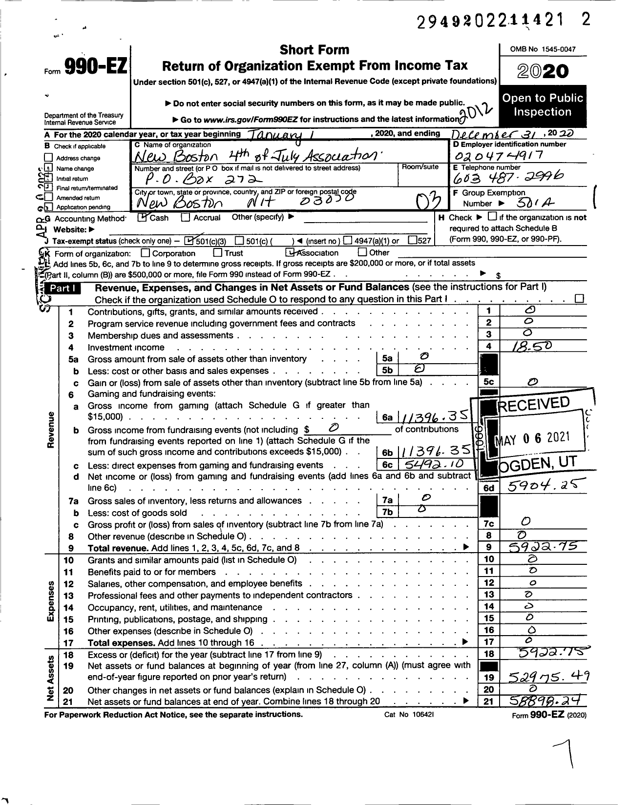 Image of first page of 2020 Form 990EZ for New Boston Fourth of July Association