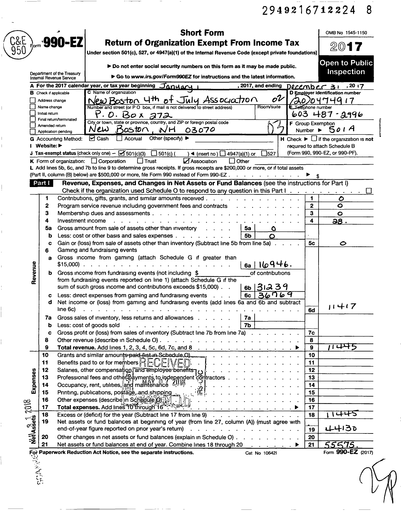 Image of first page of 2017 Form 990EZ for New Boston Fourth of July Association