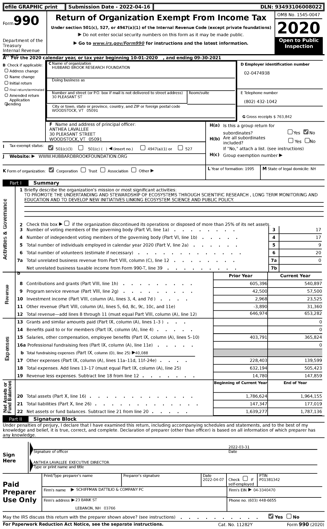 Image of first page of 2020 Form 990 for Hubbard Brook Research Foundation (HBRF)