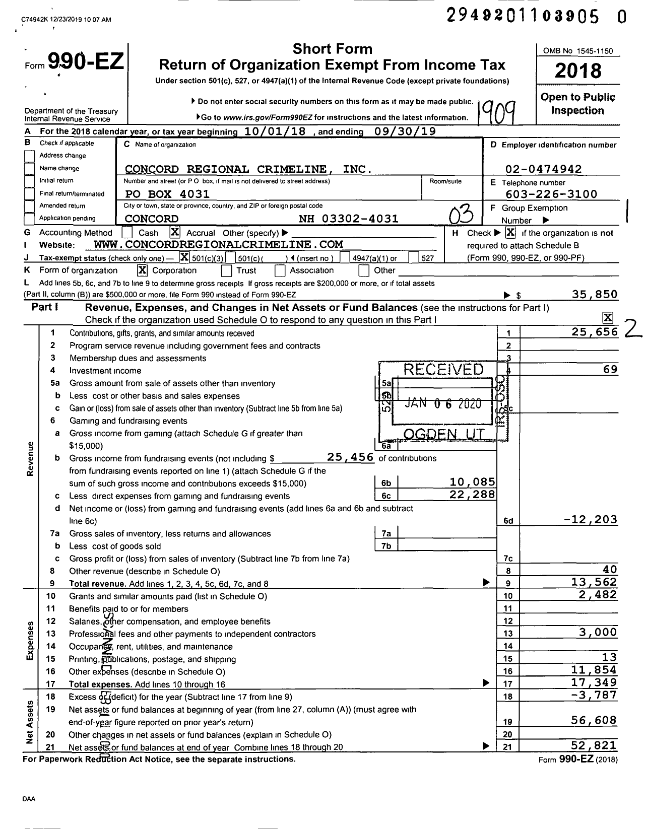 Image of first page of 2018 Form 990EZ for Concord Regional Crimeline