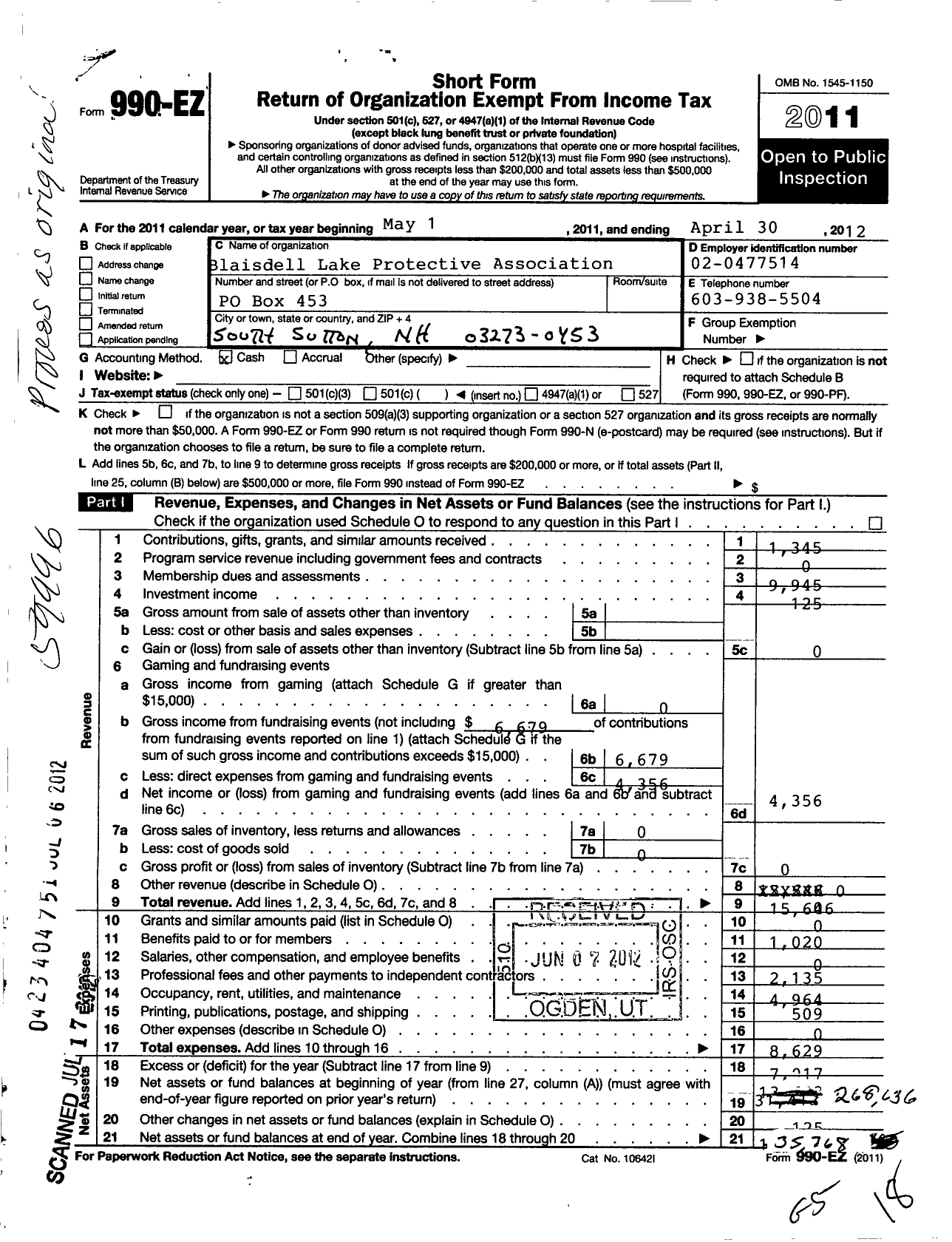 Image of first page of 2011 Form 990EO for The Blaisdell Lake Protective Association