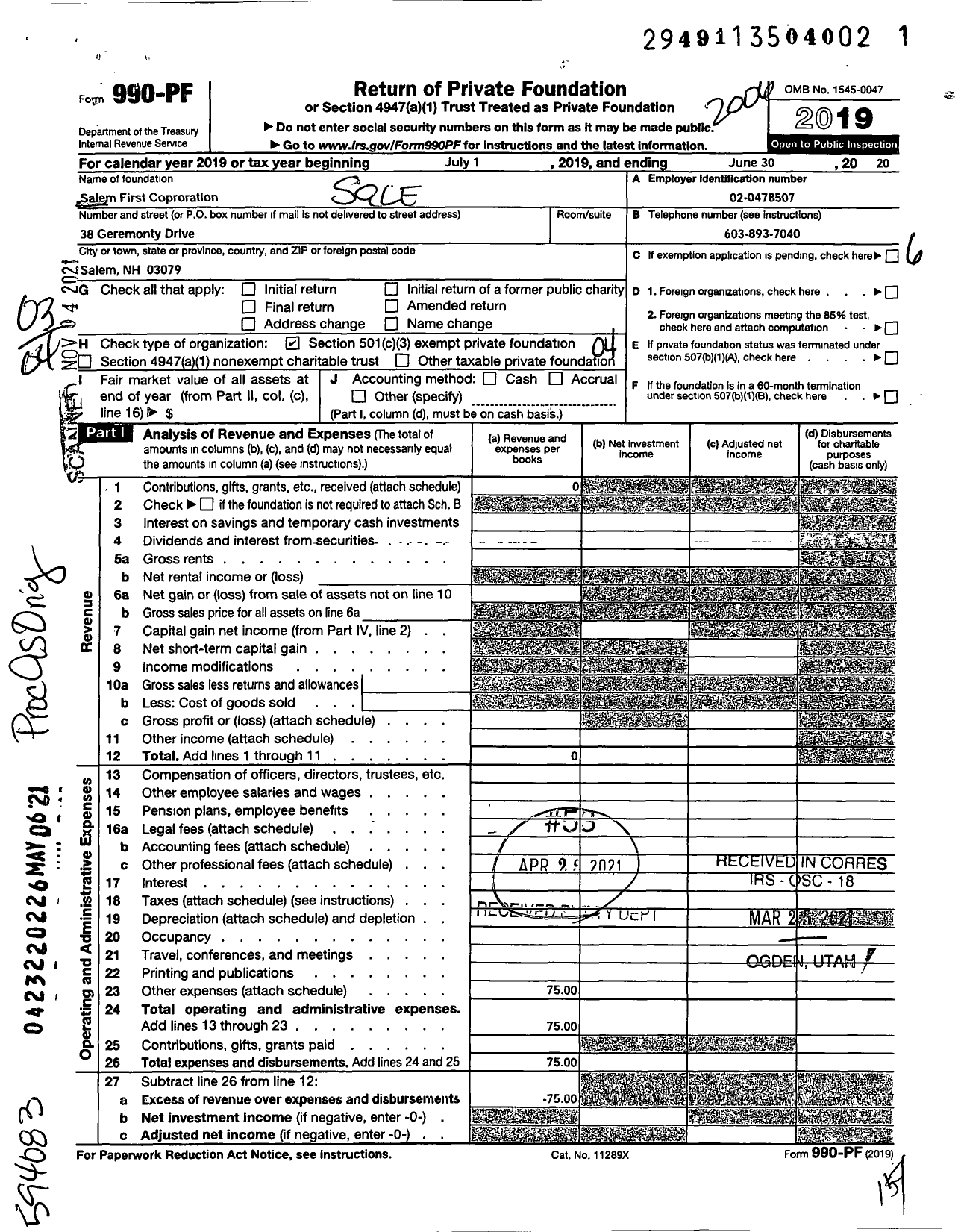 Image of first page of 2019 Form 990PF for Salem First Corporation