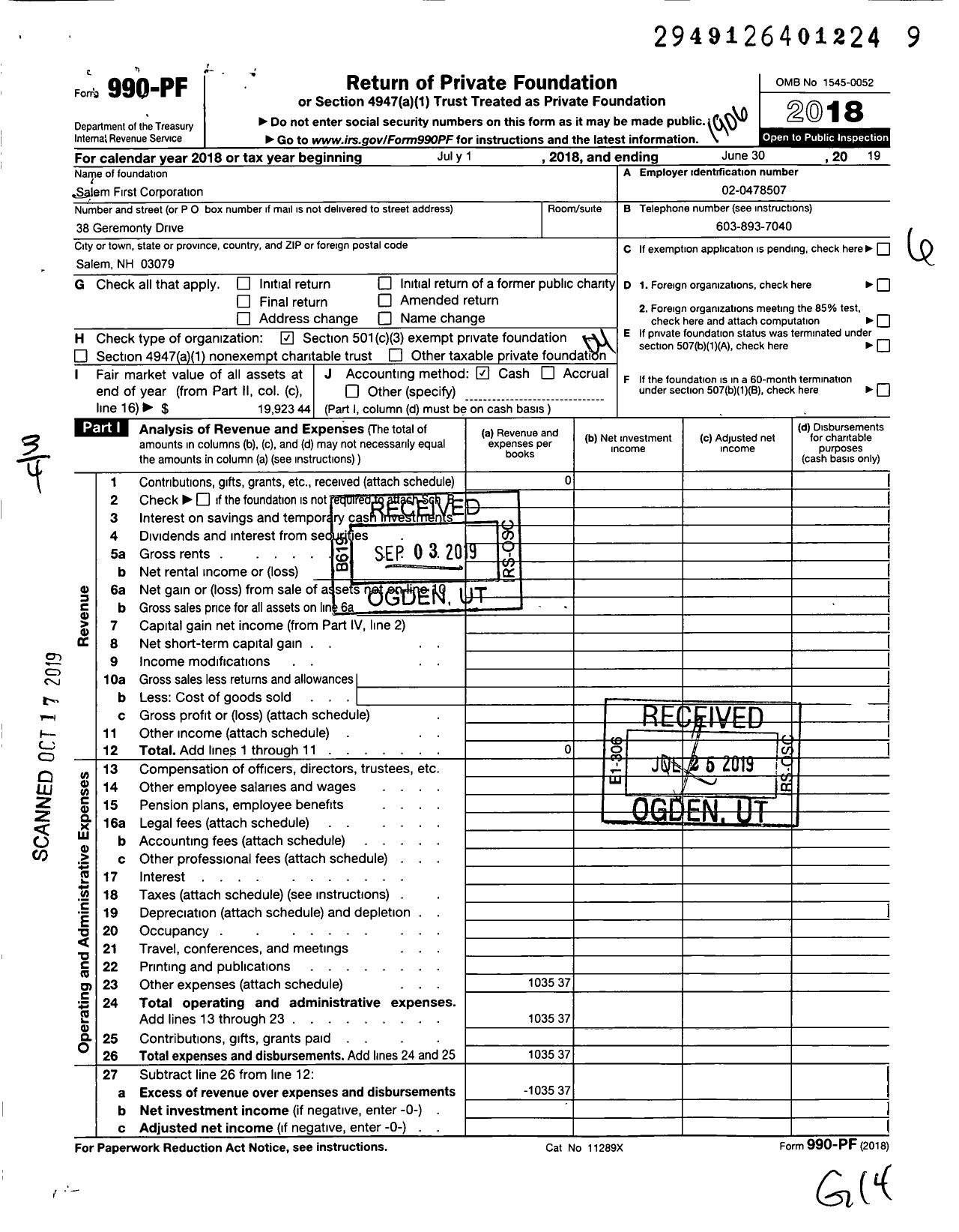 Image of first page of 2018 Form 990PF for Salem First Corporation