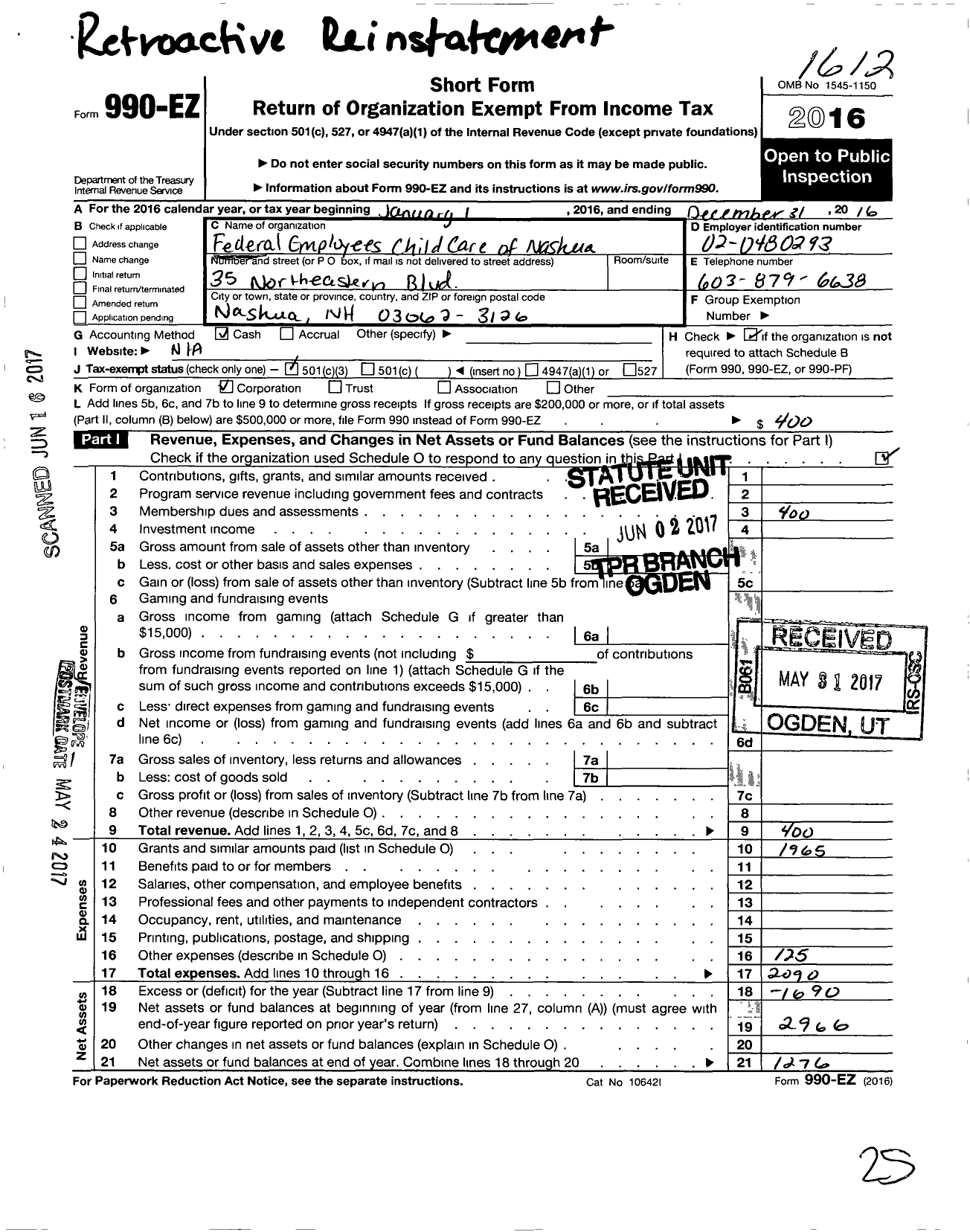 Image of first page of 2016 Form 990EZ for Federal Employees Child Care of Nashua