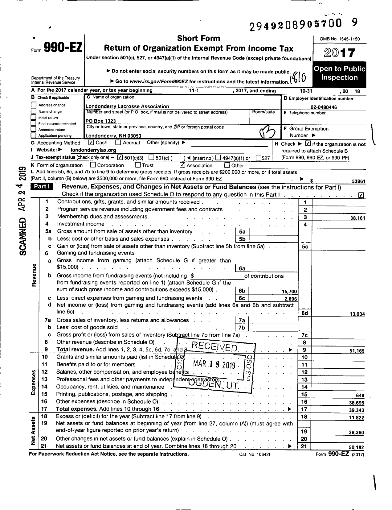 Image of first page of 2017 Form 990EZ for Londonderry Lacrosse Association