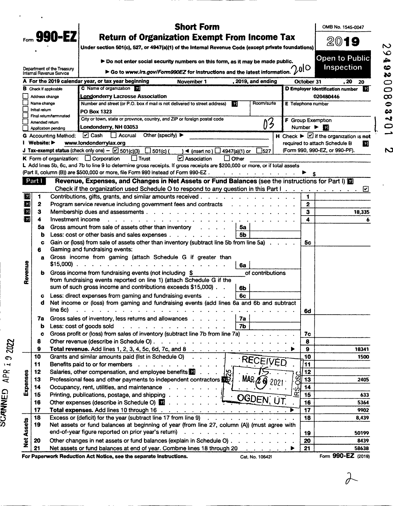 Image of first page of 2019 Form 990EZ for Londonderry Lacrosse Association