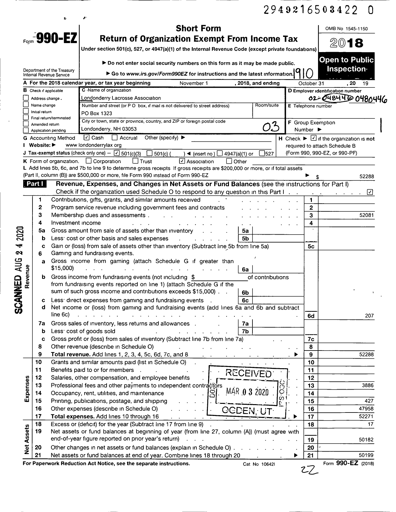 Image of first page of 2018 Form 990EZ for Londonderry Lacrosse Association