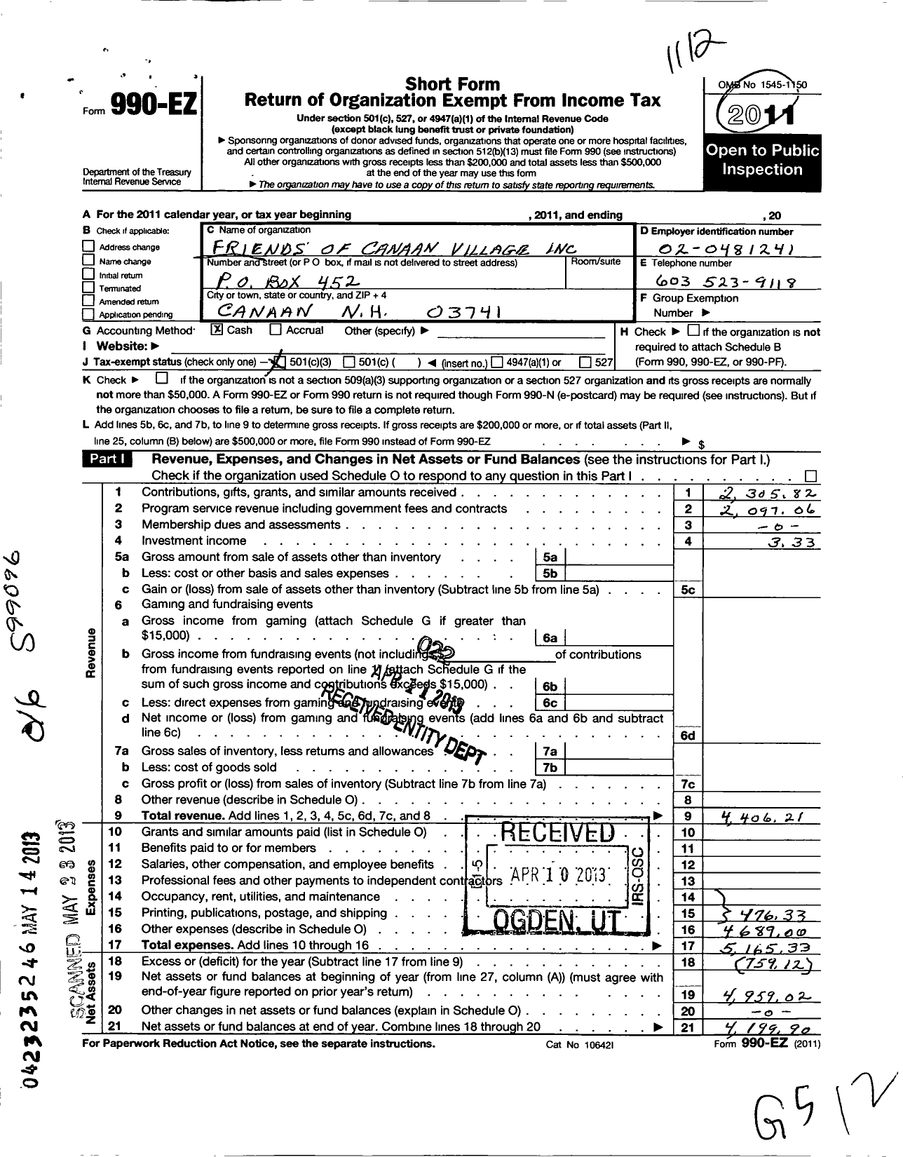 Image of first page of 2011 Form 990EZ for Friends of Canaan Village