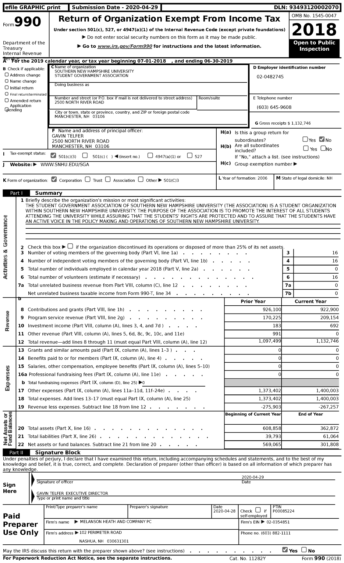 Image of first page of 2018 Form 990 for Southern New Hampshire University Student Government Association