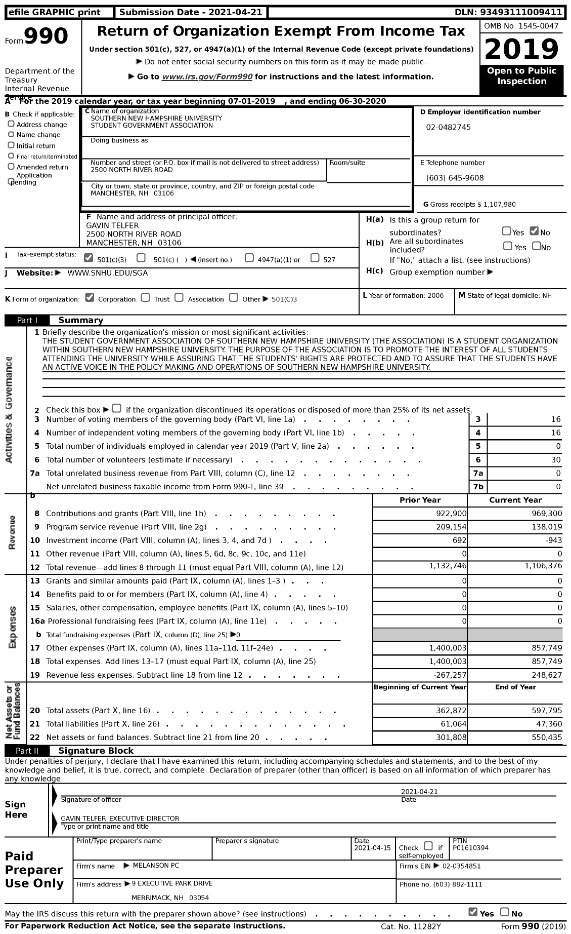 Image of first page of 2019 Form 990 for Southern New Hampshire University Student Government Association