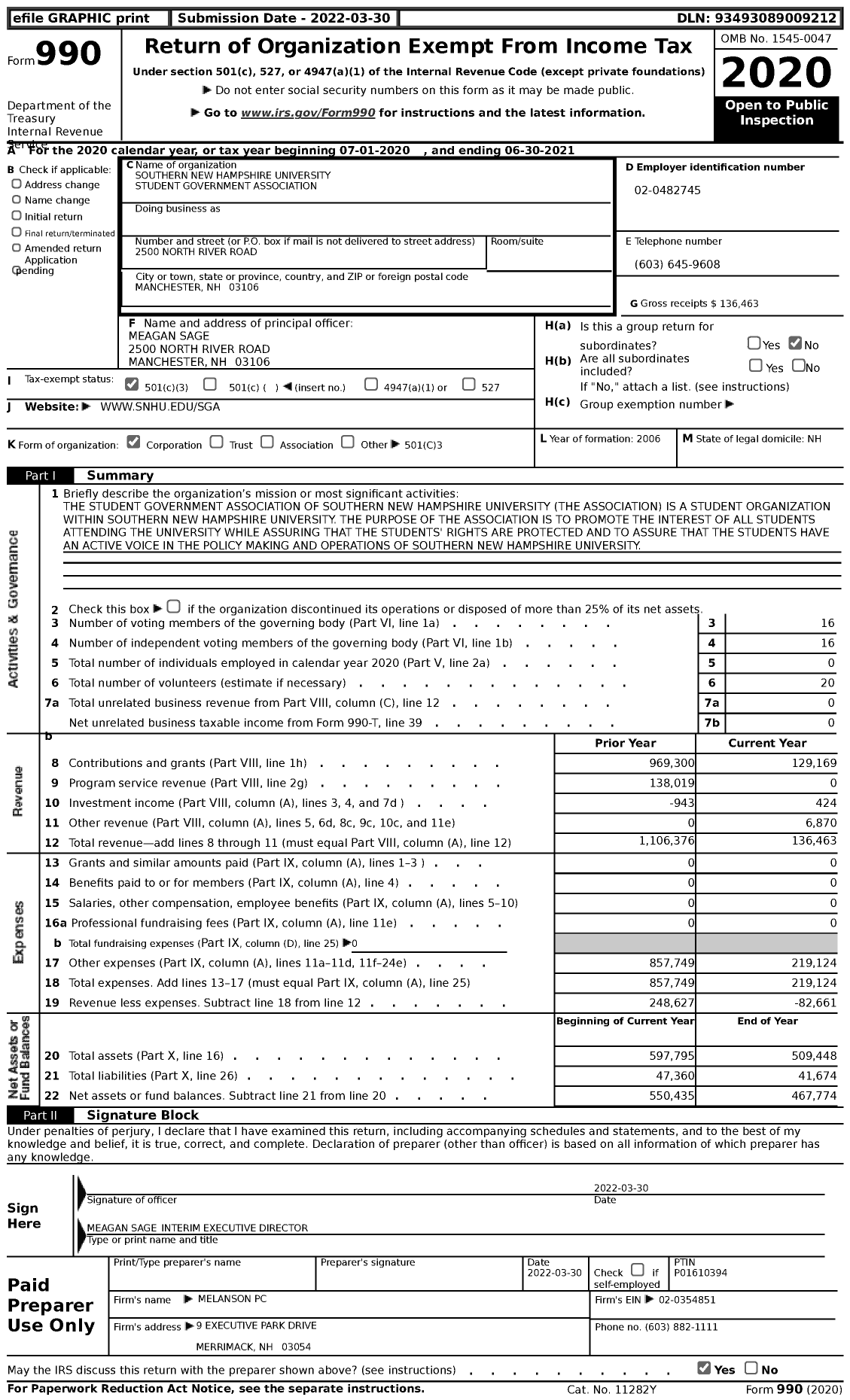 Image of first page of 2020 Form 990 for Southern New Hampshire University Student Government Association