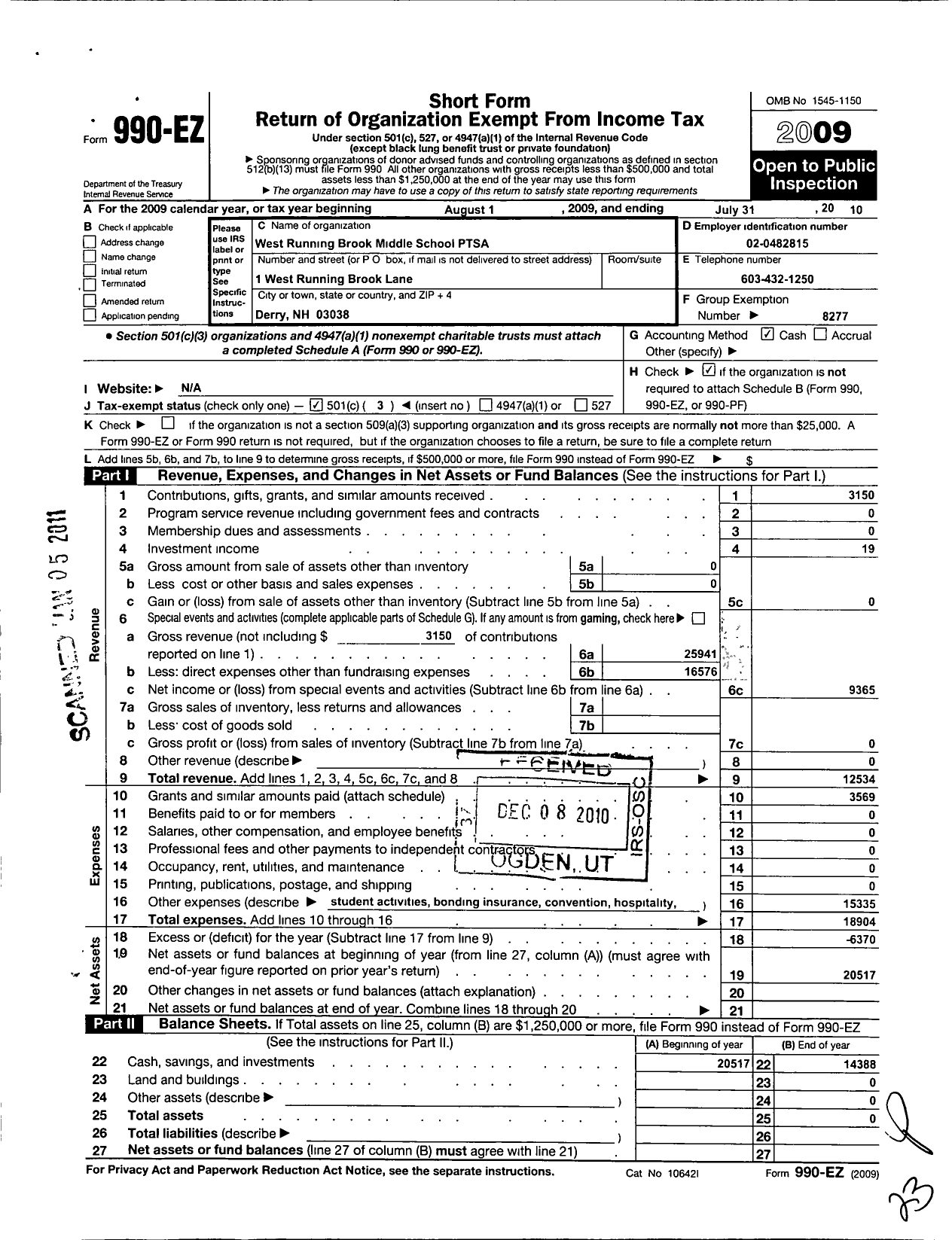 Image of first page of 2009 Form 990EZ for New Hampshire Congress of Parents and Teachers / West Running Brook Ptsa