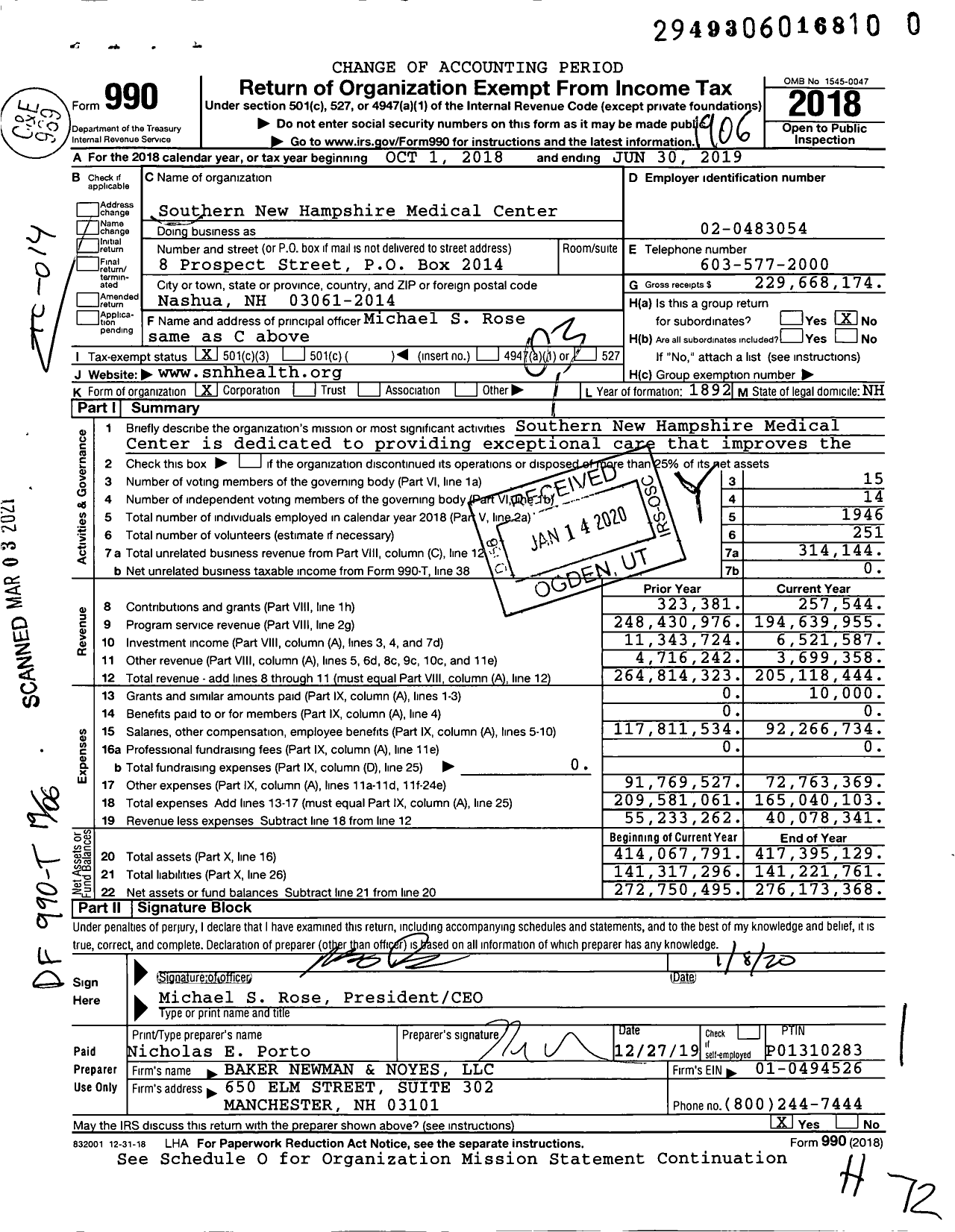 Image of first page of 2018 Form 990 for Southern New Hampshire Health