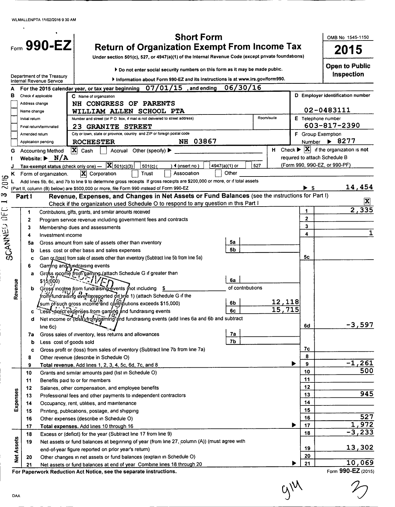 Image of first page of 2015 Form 990EZ for PTA William Allen School NH Congress of Parents