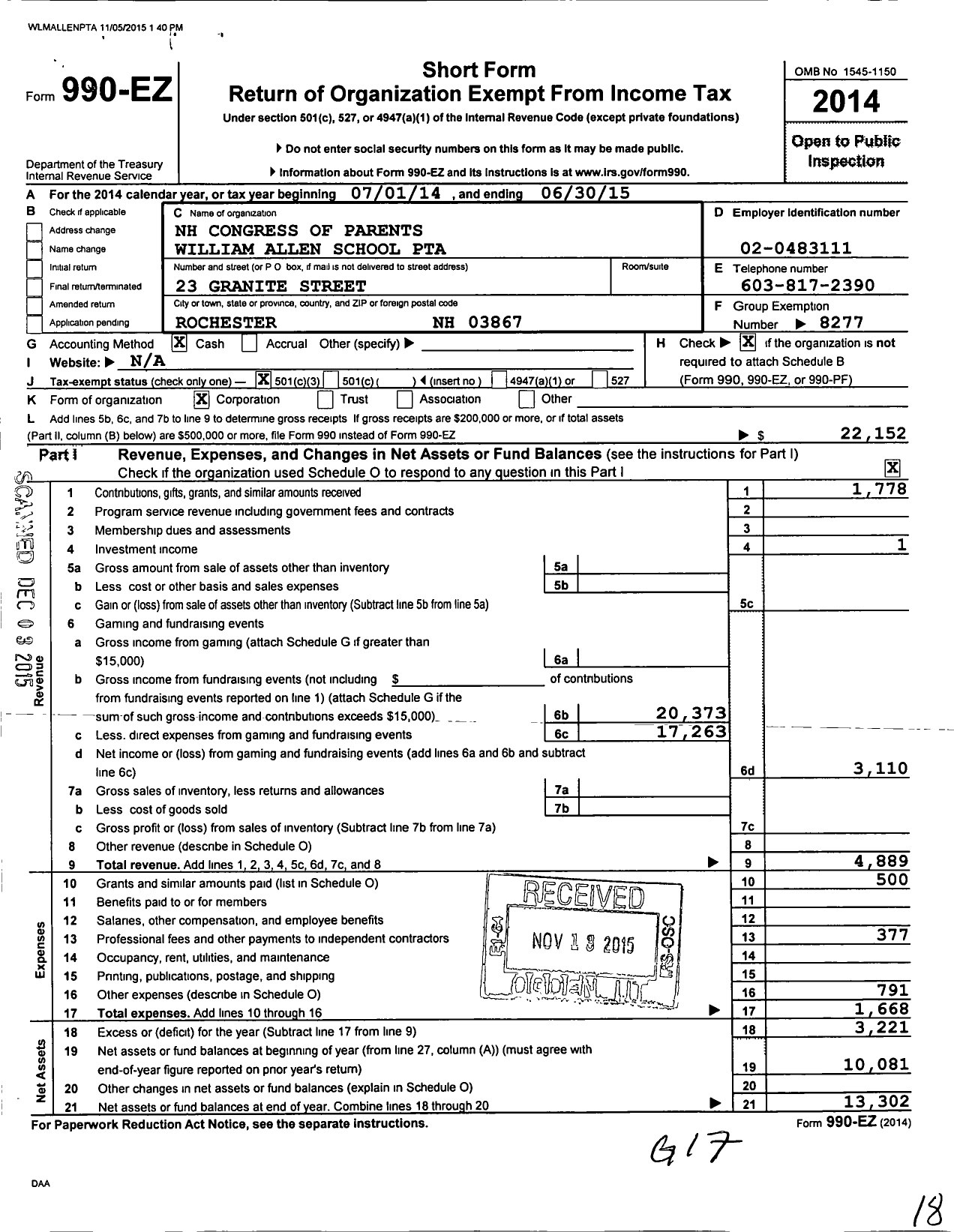 Image of first page of 2014 Form 990EZ for PTA William Allen School NH Congress of Parents