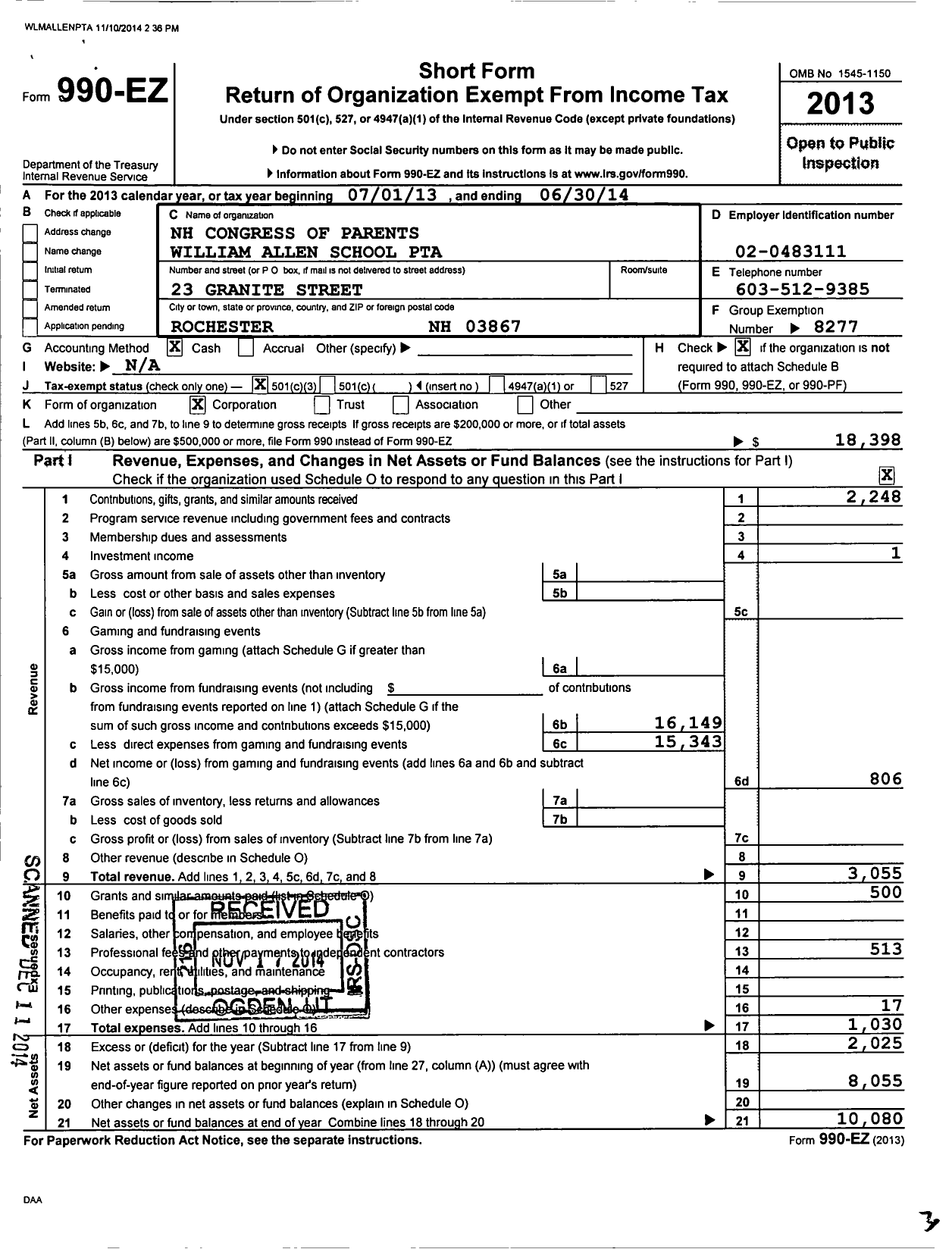 Image of first page of 2013 Form 990EZ for PTA William Allen School NH Congress of Parents