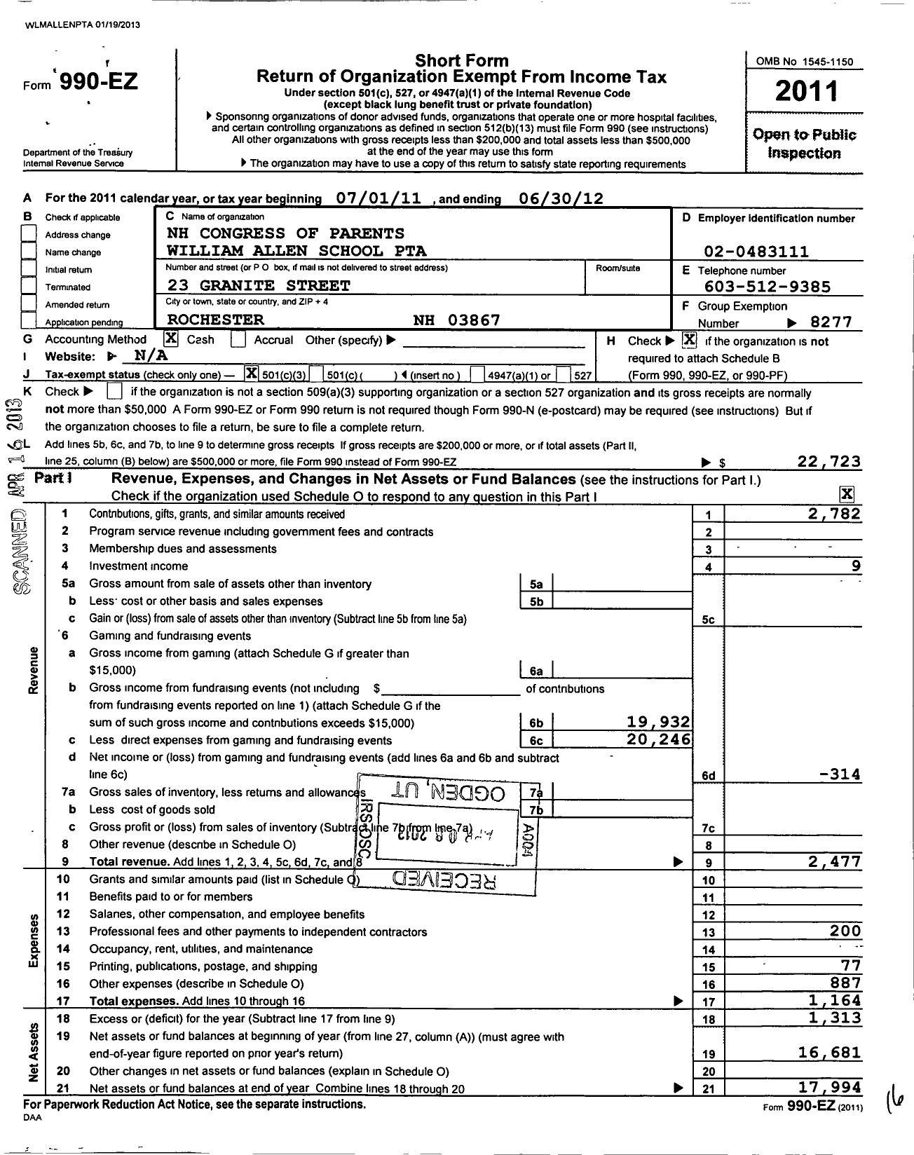 Image of first page of 2011 Form 990EZ for PTA William Allen School NH Congress of Parents