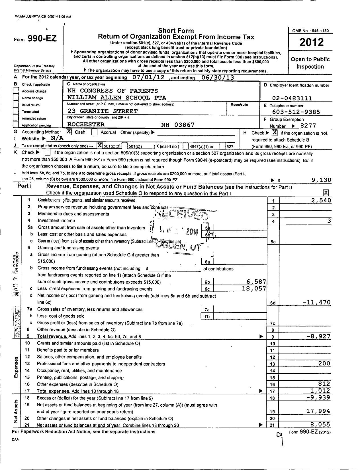 Image of first page of 2012 Form 990EZ for PTA William Allen School NH Congress of Parents