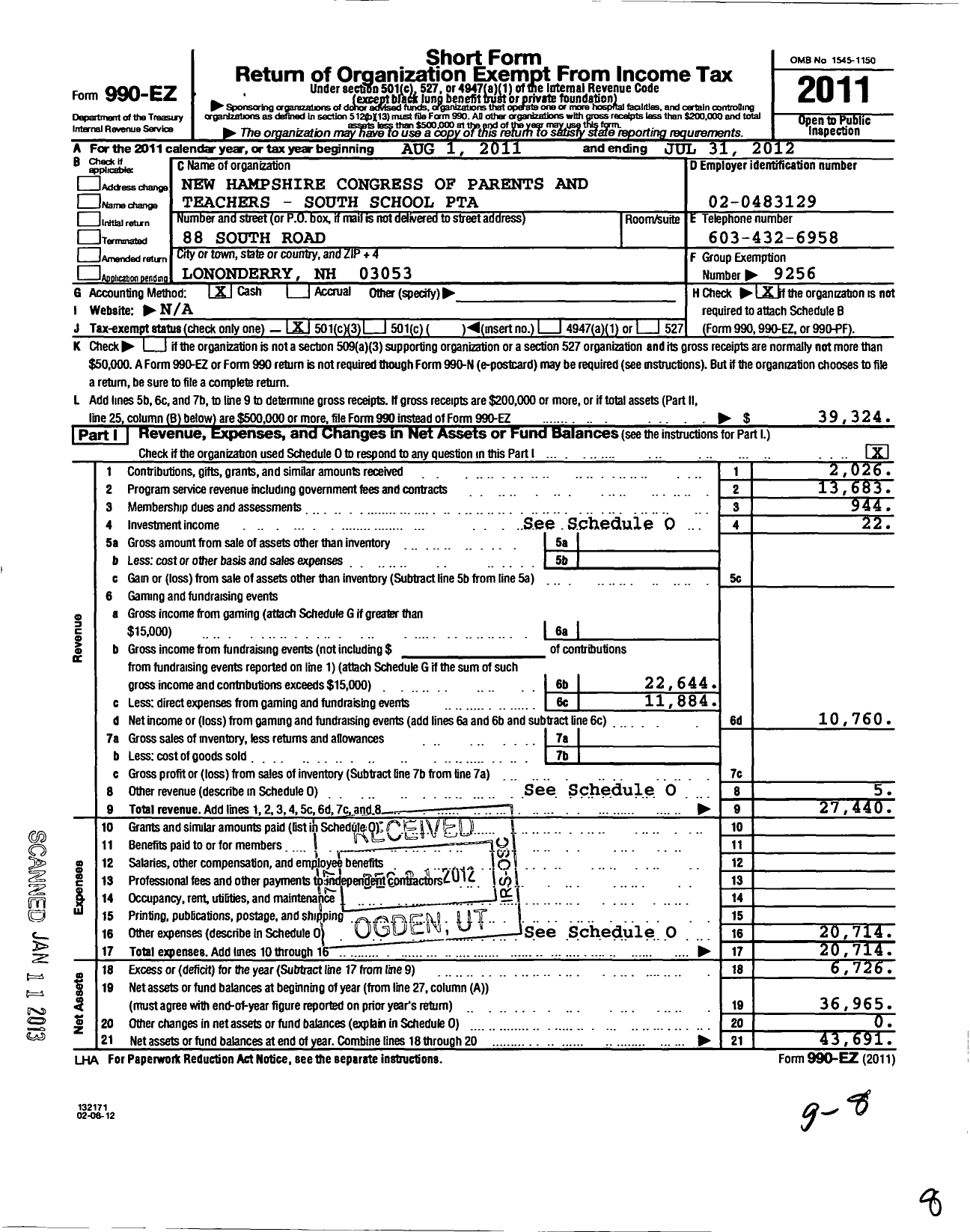 Image of first page of 2011 Form 990EZ for New Hampshire Congress of Parents and Teachers / South Londonderry School PTA