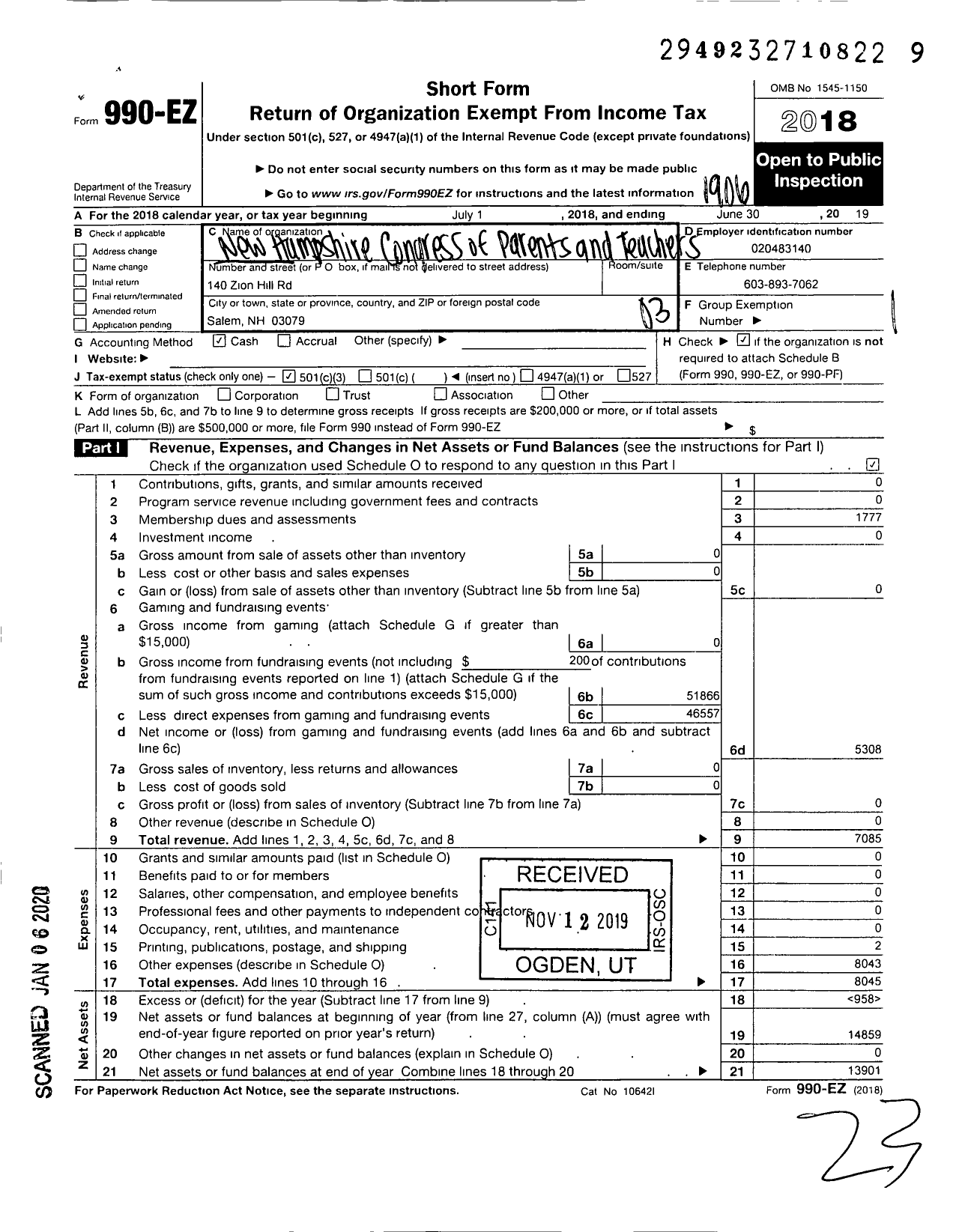 Image of first page of 2018 Form 990EZ for NEW HAMPSHIRE CONGRESS OF PARENTS AND TEACHERS / North Salem Elementary School PTA