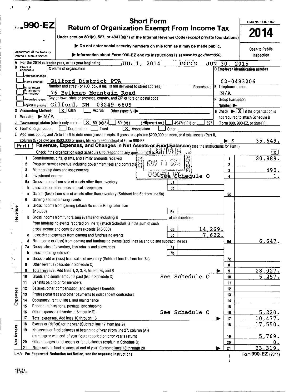 Image of first page of 2014 Form 990EZ for New Hampshire Congress of Parents and Teachers / Gilford District PTA