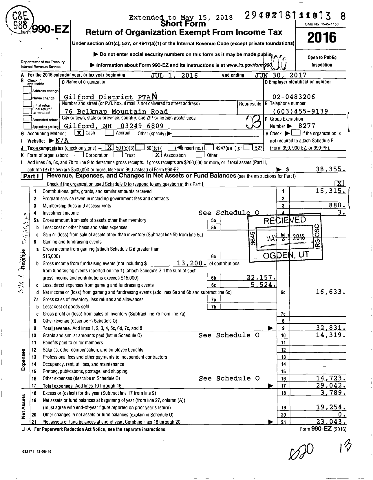 Image of first page of 2016 Form 990EZ for New Hampshire Congress of Parents and Teachers / Gilford District PTA