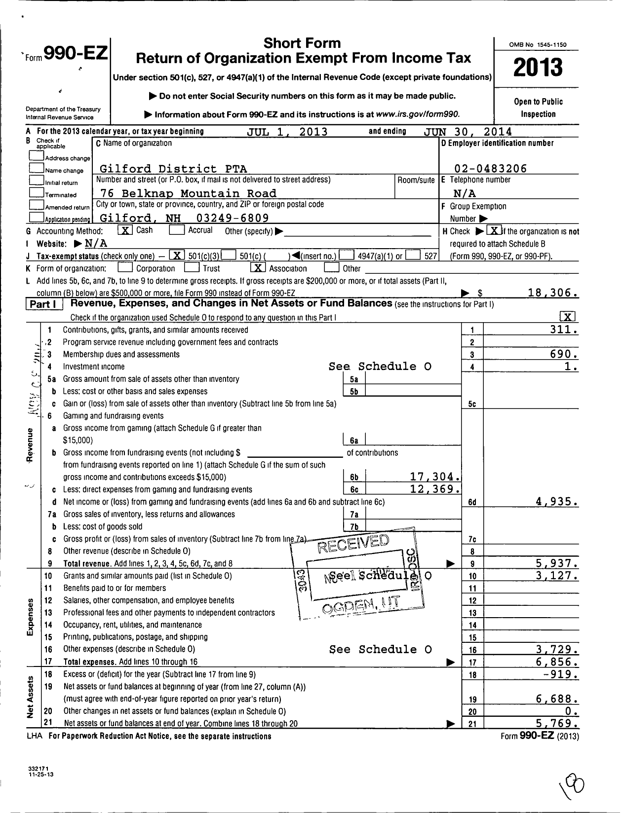 Image of first page of 2013 Form 990EZ for New Hampshire Congress of Parents and Teachers / Gilford District PTA