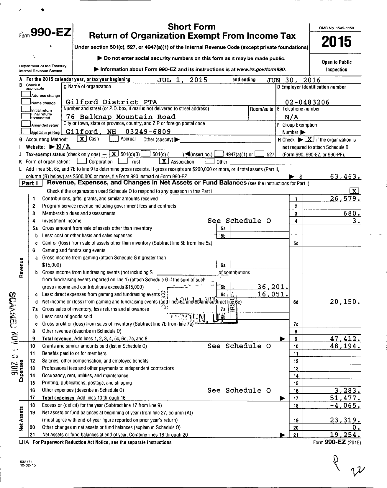 Image of first page of 2015 Form 990EZ for New Hampshire Congress of Parents and Teachers / Gilford District PTA