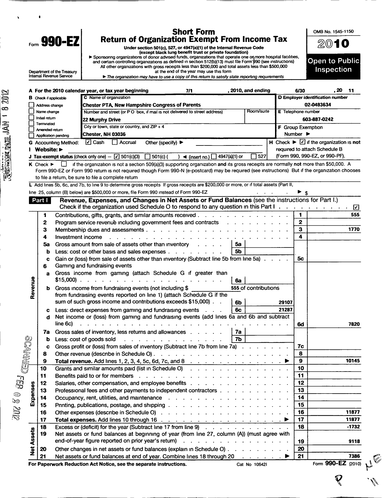 Image of first page of 2010 Form 990EZ for New Hampshire Congress of Parents and Teachers / Chester PTA