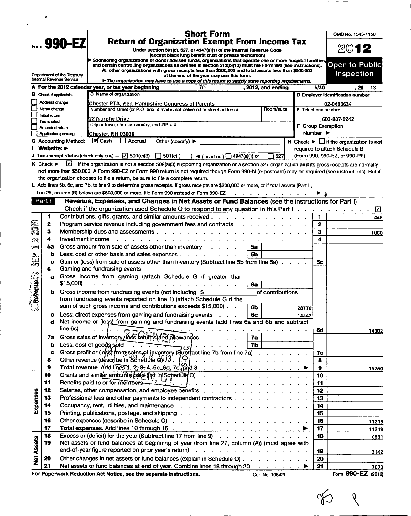 Image of first page of 2012 Form 990EZ for New Hampshire Congress of Parents and Teachers / Chester PTA