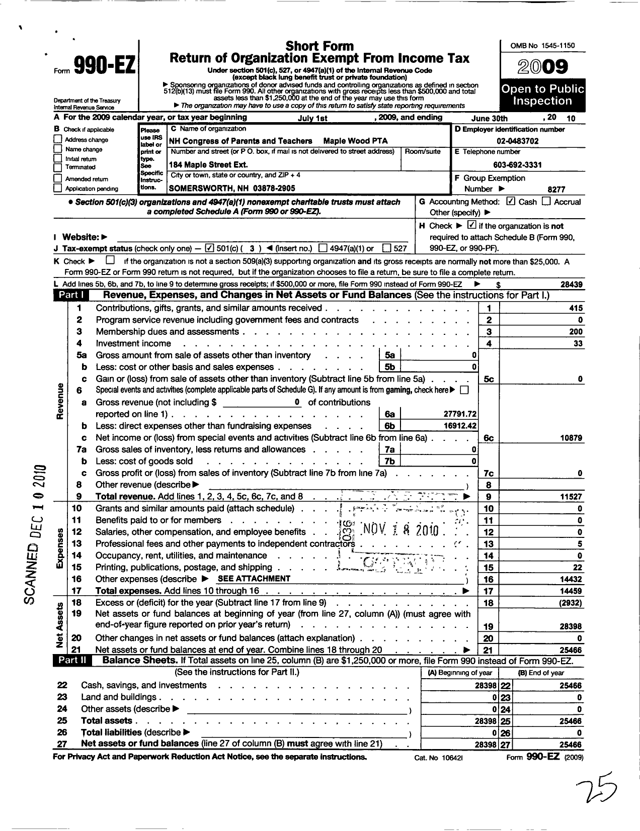 Image of first page of 2009 Form 990EZ for New Hampshire Congress of Parents and Teachers / Maple Wood School PTA