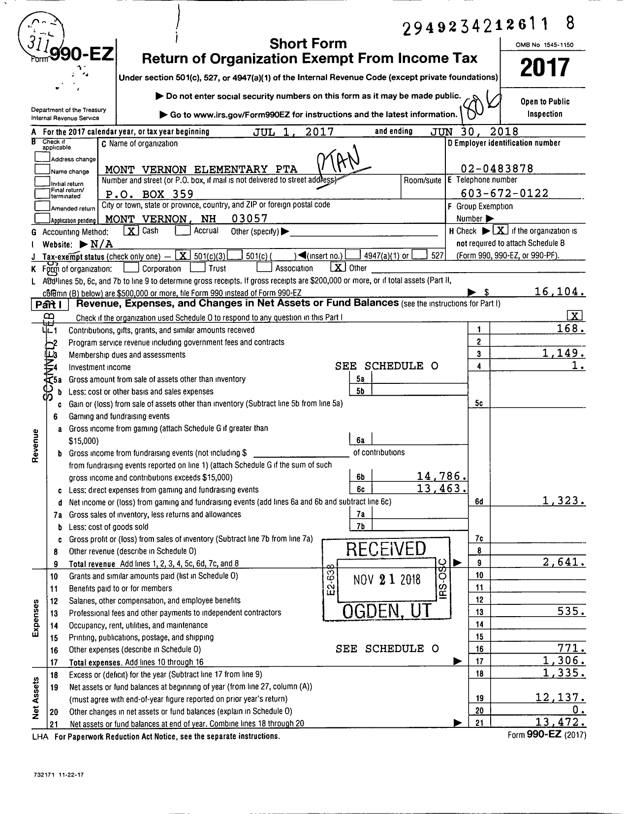 Image of first page of 2017 Form 990EZ for New Hampshire Congress of Parents and Teachers / Mont Vernon PTA